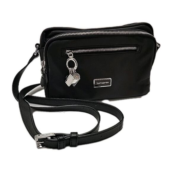 SAMSONITE Black Adjustable Zippered Crossbody with Silver Charms Pockets Travel - Picture 5 of 16